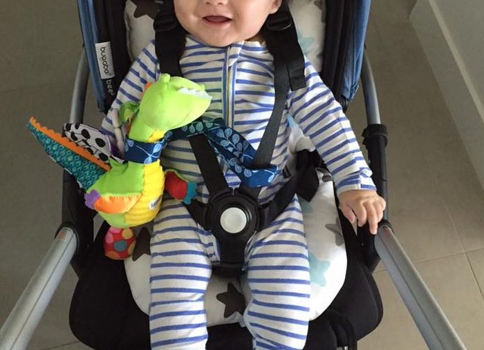 Baby Z at 5 months happy in his cushy pram liner from Korea fitted into bugaboo.